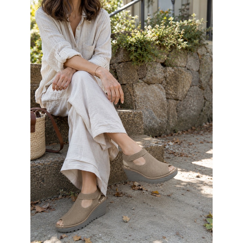 FLY London Taupe Perforated Wedge Sandals EU 39 Comfort Boho Lagenlook Shoes